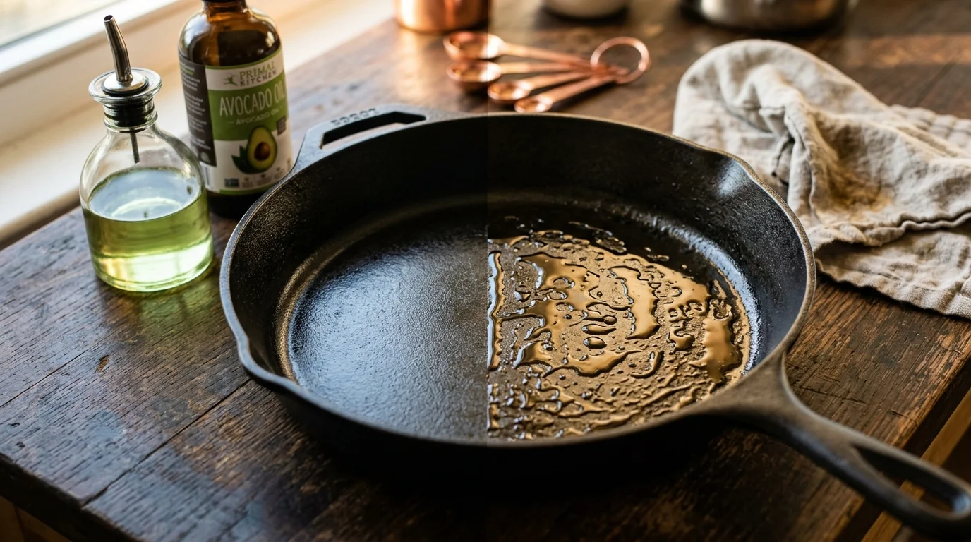 Cast iron skillet on a wooden table, split between a smooth seasoned surface and pooled liquid oil residue.
