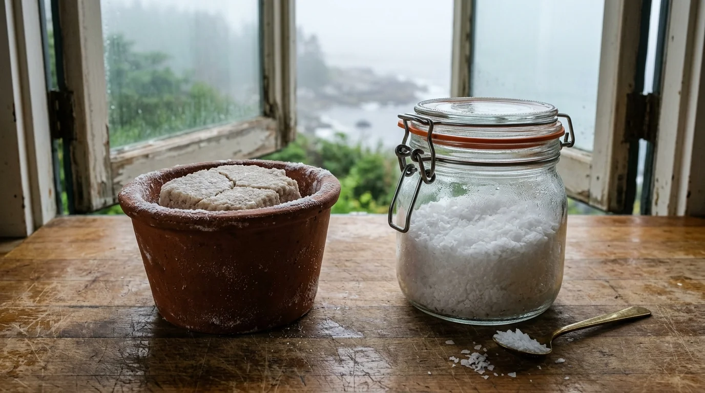 Clumped salt inside a terracotta pot sits beside loose flaky salt in an airtight glass clamp jar on a wooden windowsill.