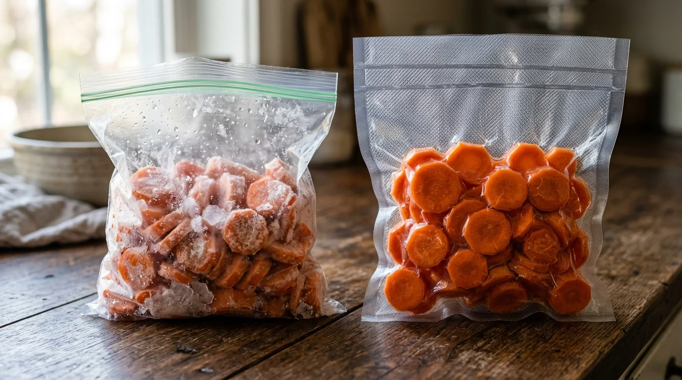 Frosty sliced carrots in a zipper bag next to tightly vacuum-sealed sliced carrots on a rustic wooden table.
