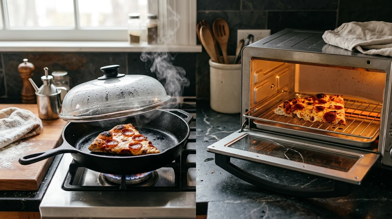 Comparison of reheating pizza slice in a covered cast iron skillet with steam versus inside an illuminated toaster oven.