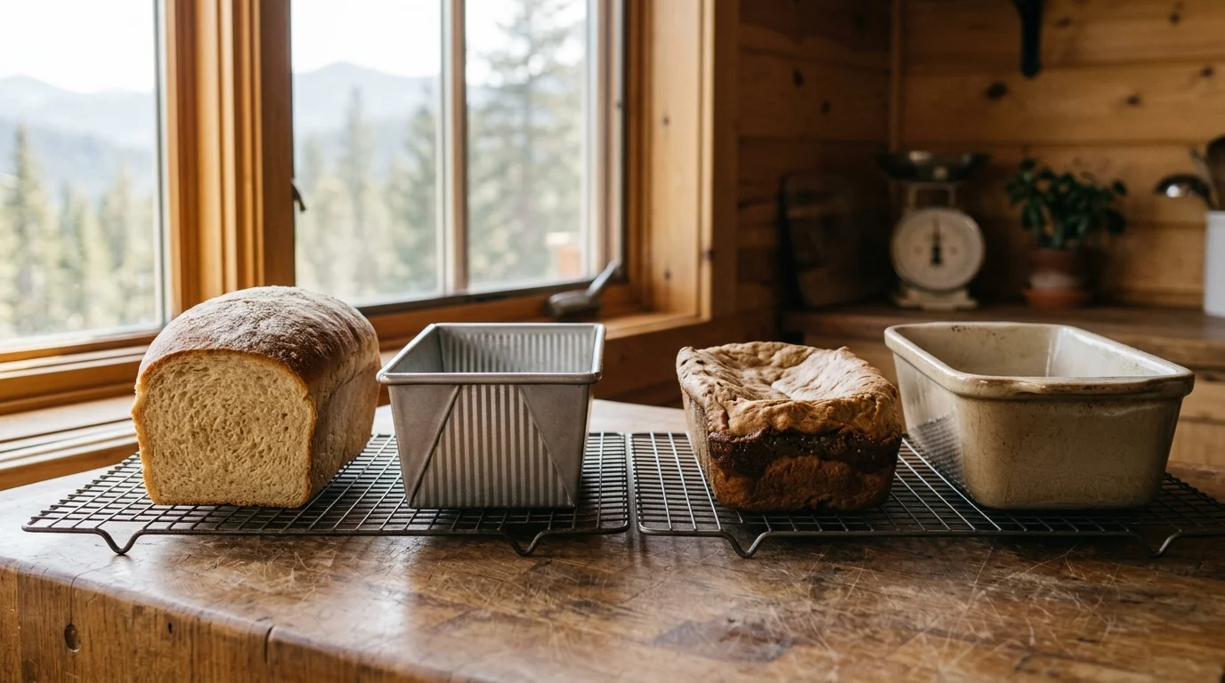A tall baked loaf next to a metal pan and a sunken loaf next to a ceramic dish on cooling racks by a window.