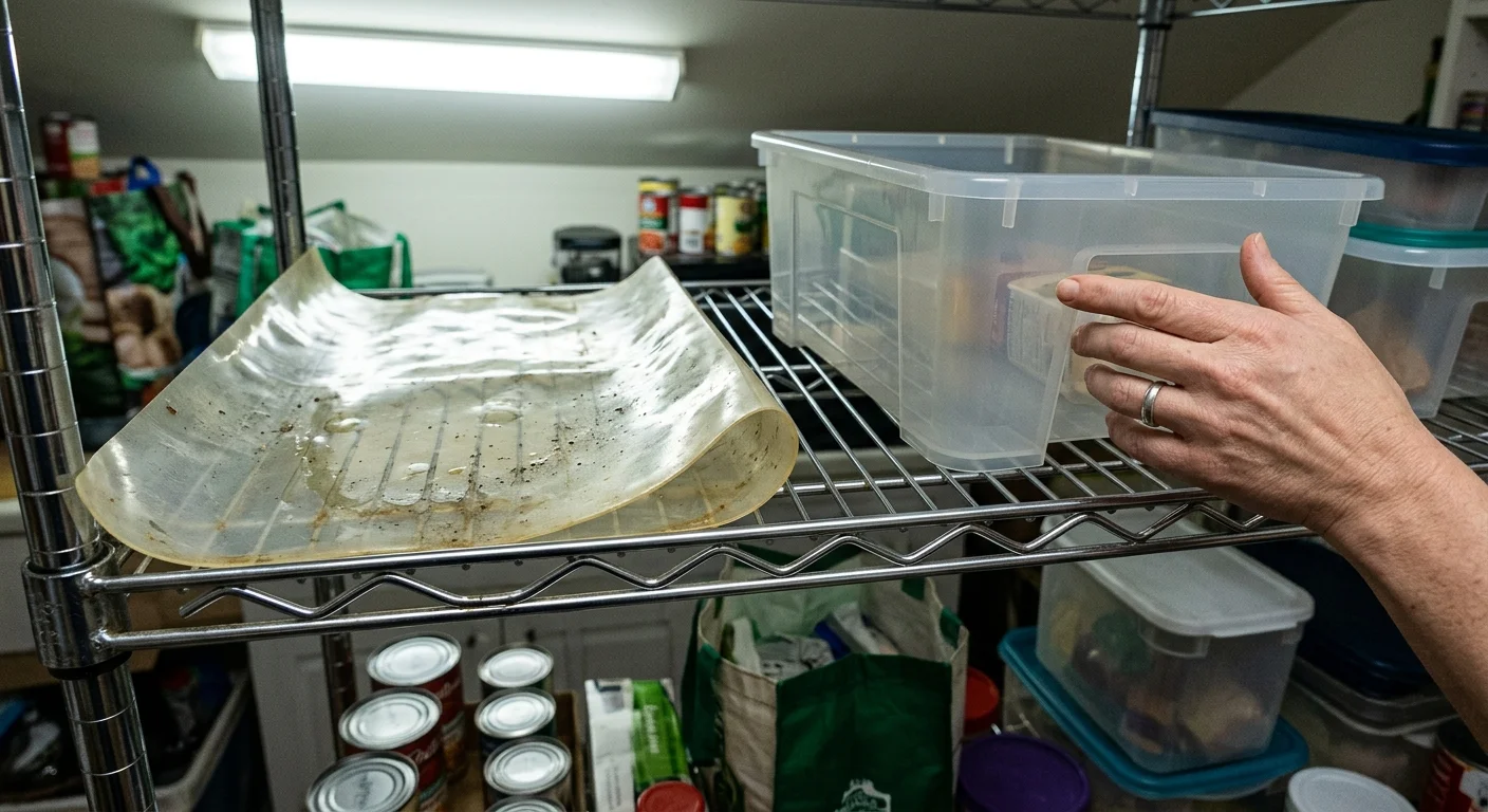 A warped, dirty plastic shelf liner sits beside a clear plastic storage bin on a wire metal pantry shelf.