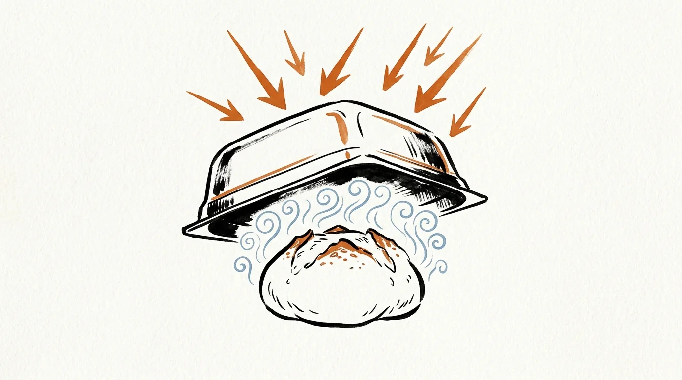 Illustration of an inverted pan shielding a steaming bread loaf from downward heat arrows.