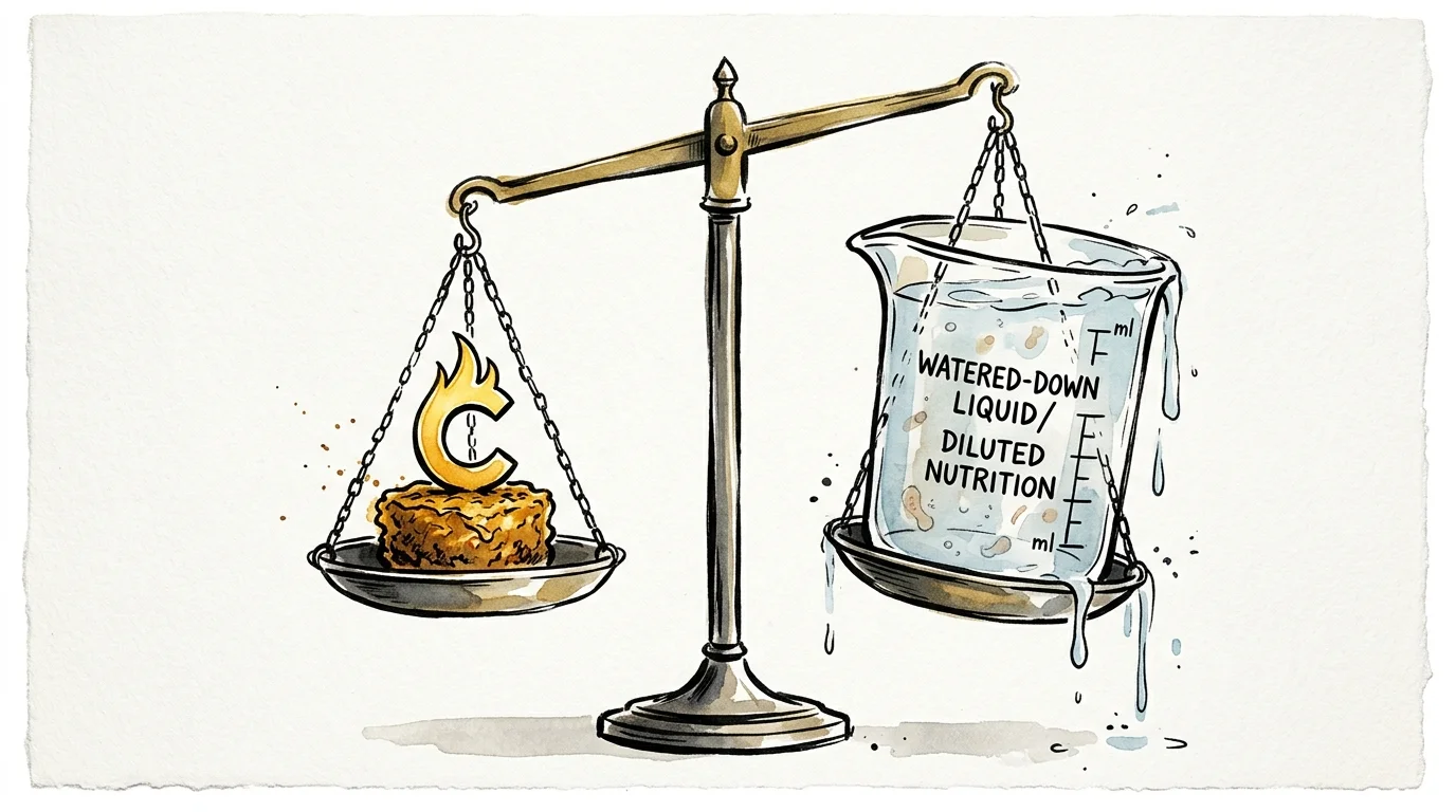 Balance scale weighing food with a flame calorie symbol against an overflowing beaker of watered-down diluted liquid.