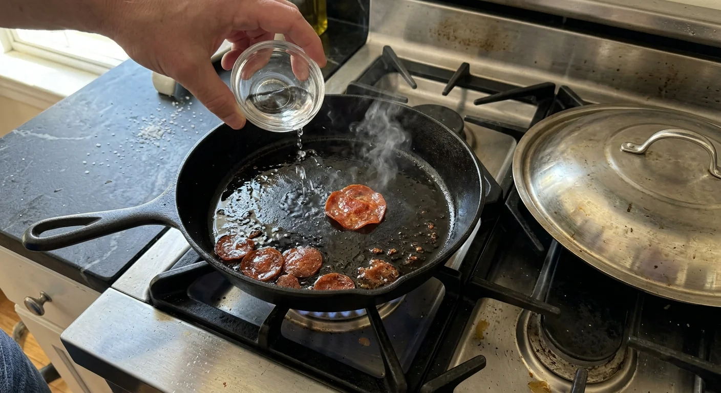 Cook adding drops of water next to a pizza slice in a hot skillet to create steam before covering.