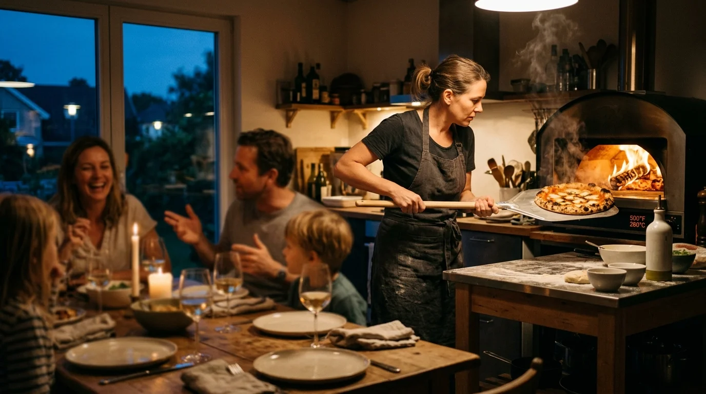 A woman uses a peel to remove a hot pizza from an indoor oven near a dinner table with family.