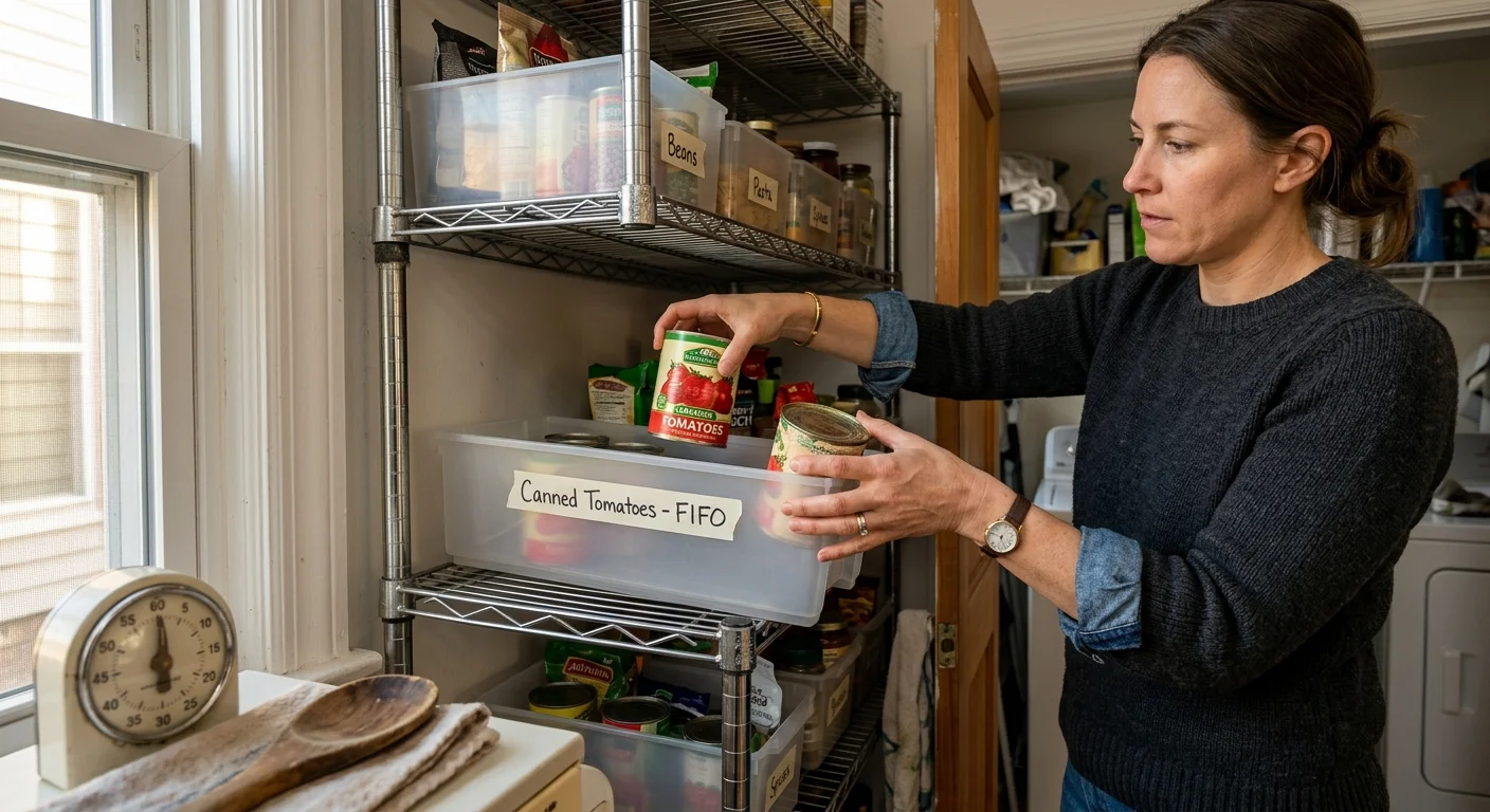 A woman places canned goods into a clear storage bin labeled Canned Tomatoes - FIFO on a wire pantry shelf.