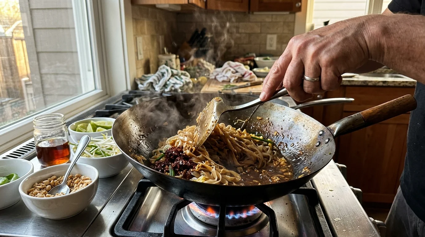 A chef tossing noodles in a steaming wok over a gas flame, surrounded by bowls of lime, sprouts, and peanuts.