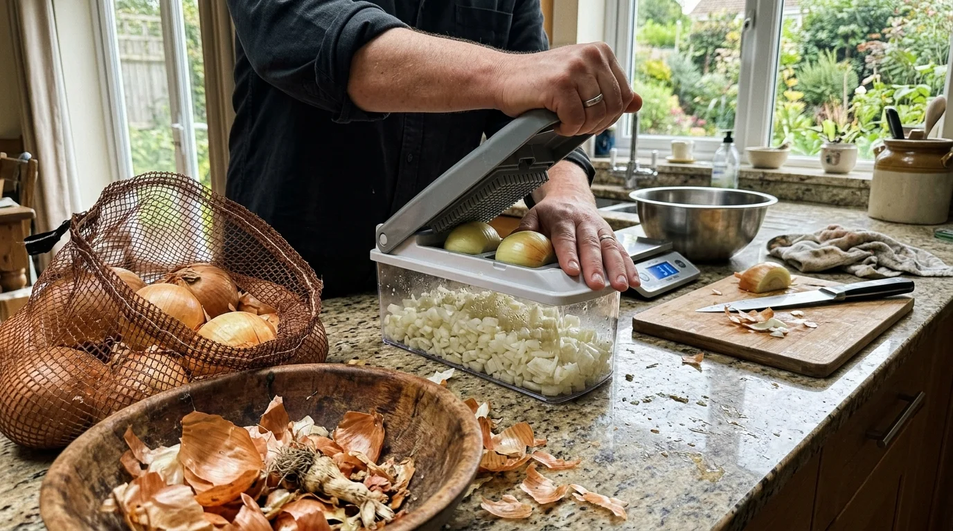 Cook using a push-down grid dicer to batch-chop five pounds of yellow onions into a clear collection container.