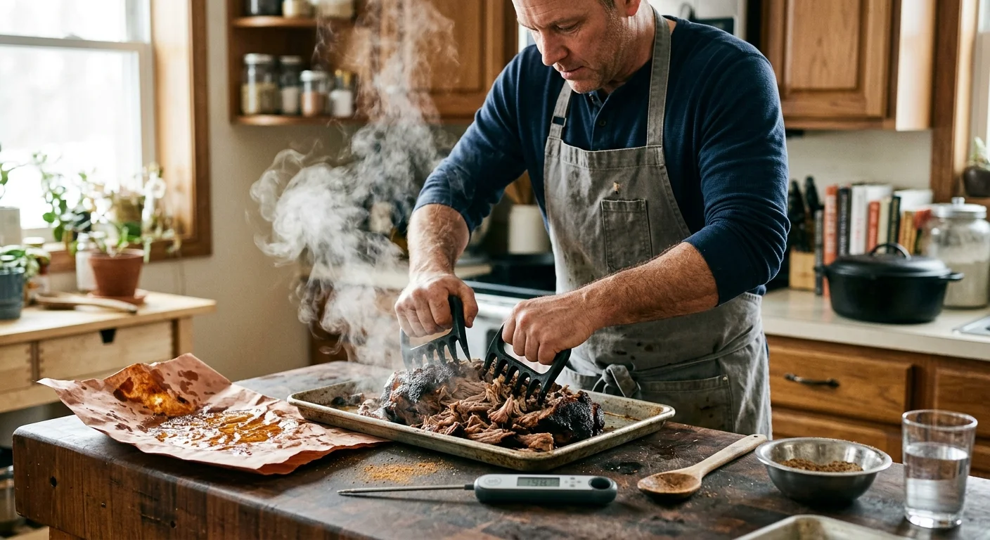 Cook using ergonomic polycarbonate claws to shred steaming hot meat in an aluminum roasting pan.