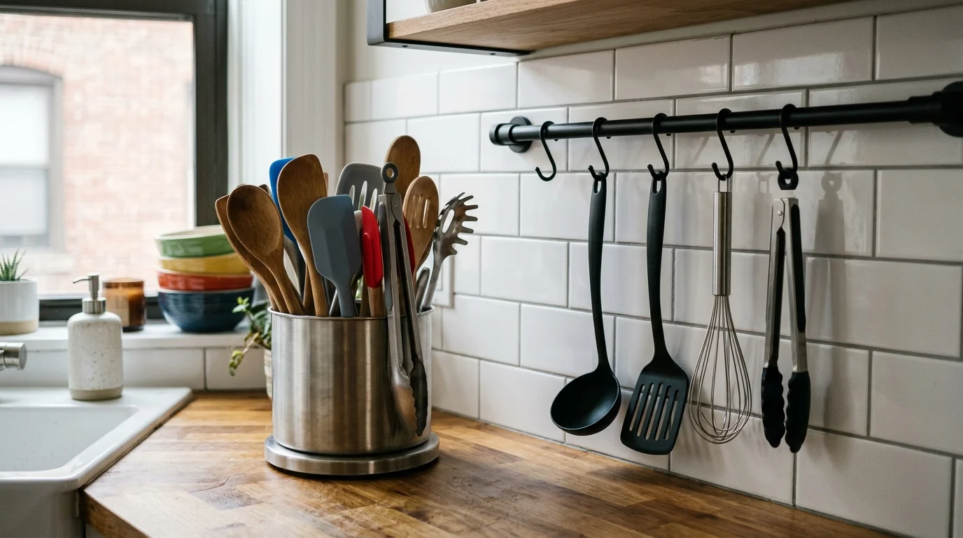 Countertop rotating utensil carousel and a wall-mounted hanging rail with cooking tools in an apartment kitchen.