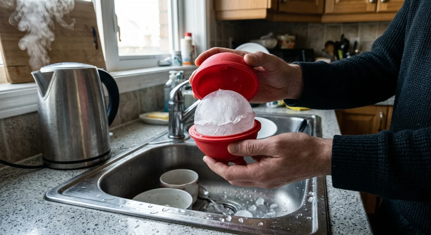 A person opening a round red silicone mold over a kitchen sink to reveal a cloudy white ice sphere, next to a steaming kettle.