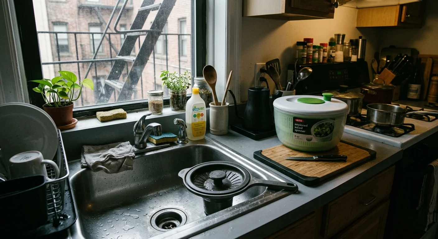 Enclosed salad spinner on a cutting board beside a kitchen sink in a compact apartment near a fire escape window.