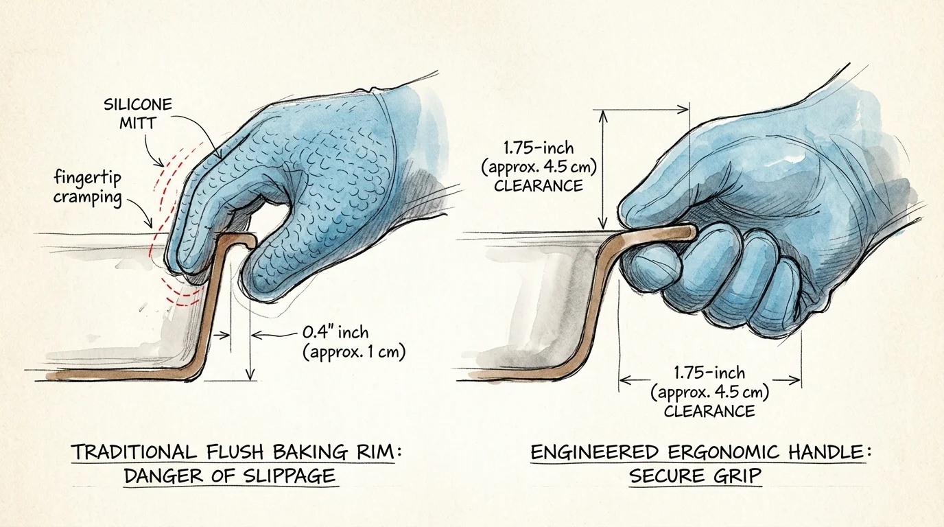 Illustration comparing a gloved hand pinching a flush baking rim versus gripping an extended ergonomic handle.