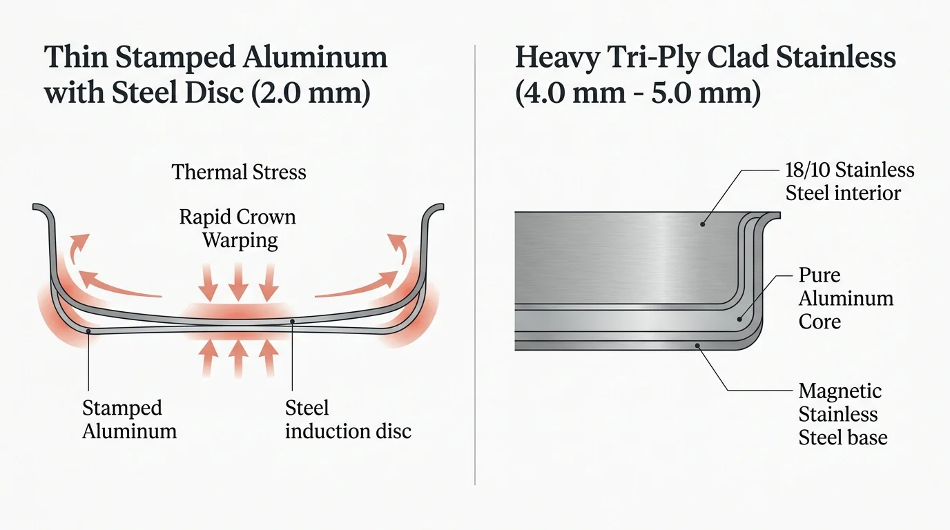 Diagram comparing warped 2.0 mm stamped aluminum with steel disc to flat 4.0-5.0 mm tri-ply clad stainless pan layers.