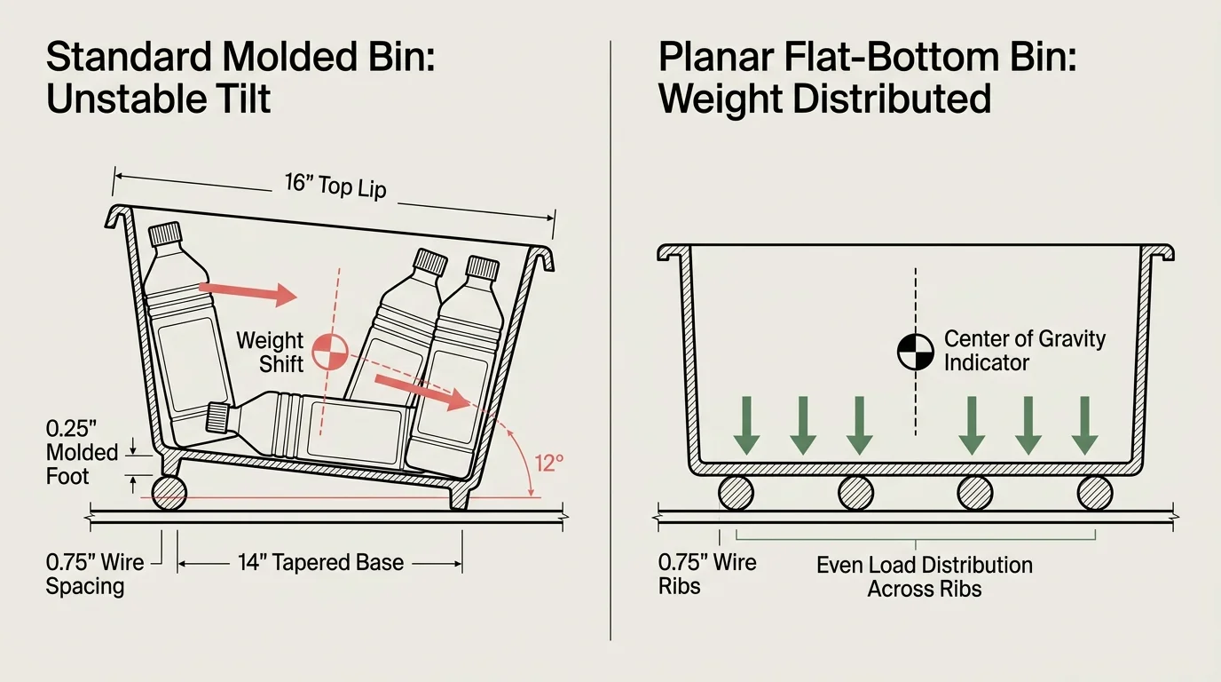 Diagram comparing an unstable tilted molded bin against a planar flat-bottom bin evenly distributing weight on wire ribs.