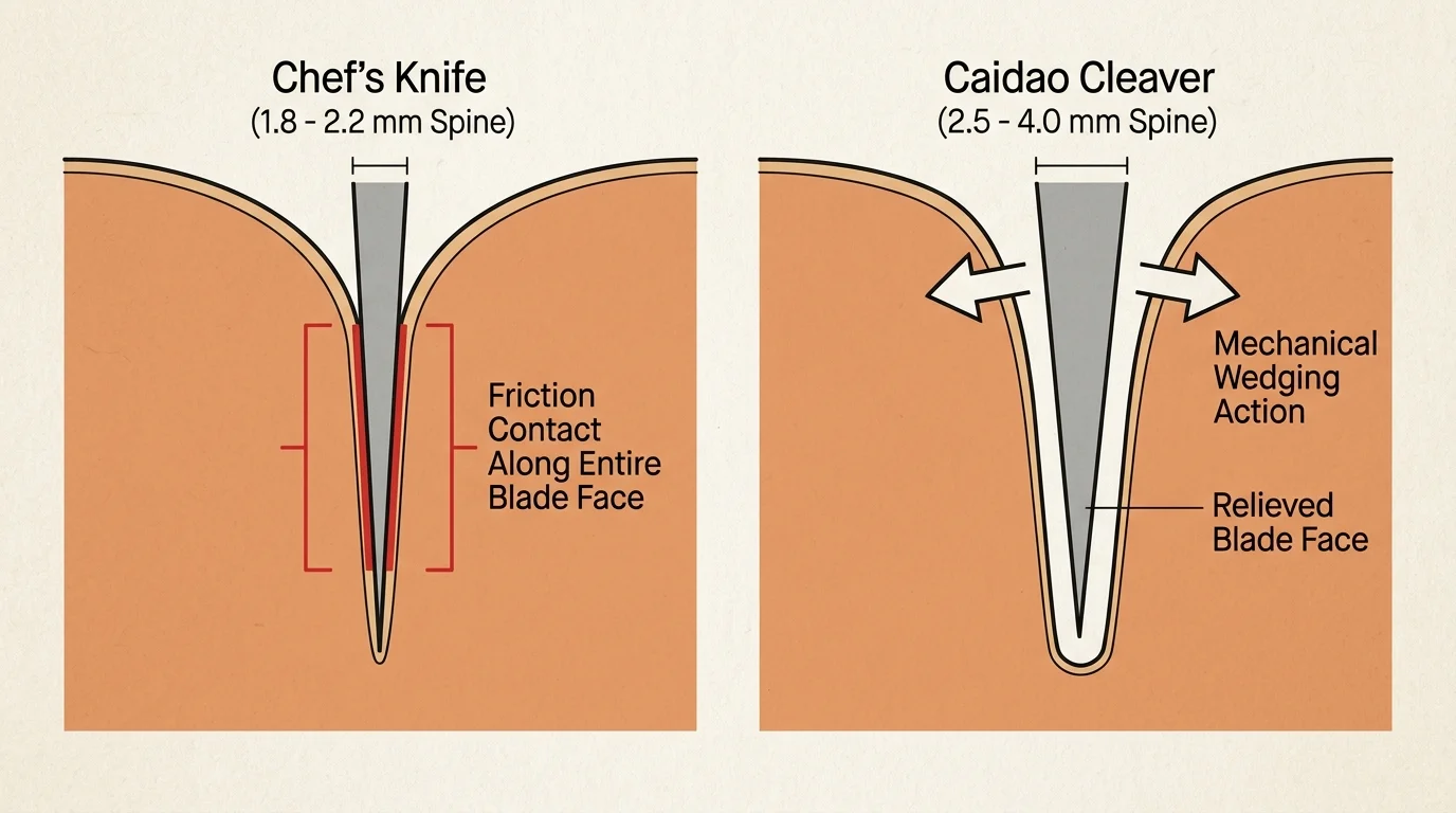 Cross-section comparison diagram of chef knife spine thickness versus heavy cleaver spine wedge mechanics.