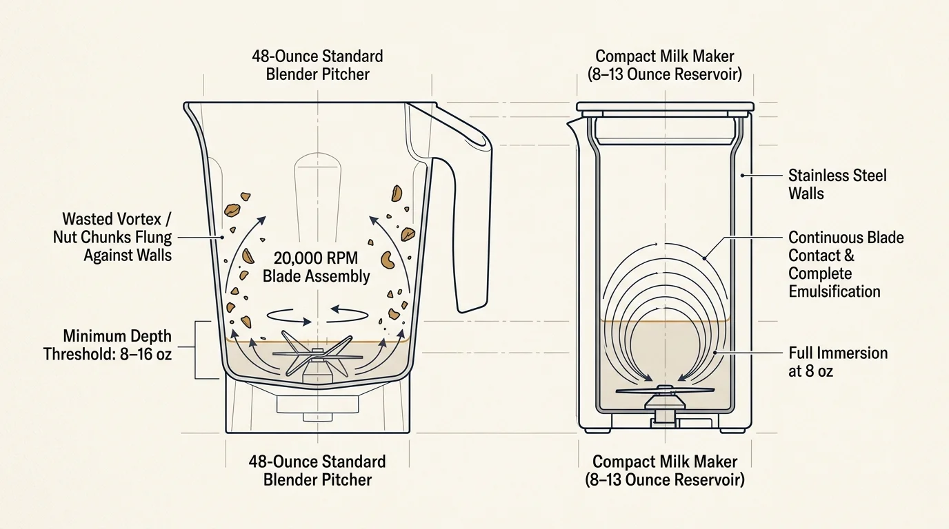 Diagram comparing vortex and liquid depth in a standard 48-ounce blender pitcher versus a compact milk maker reservoir.