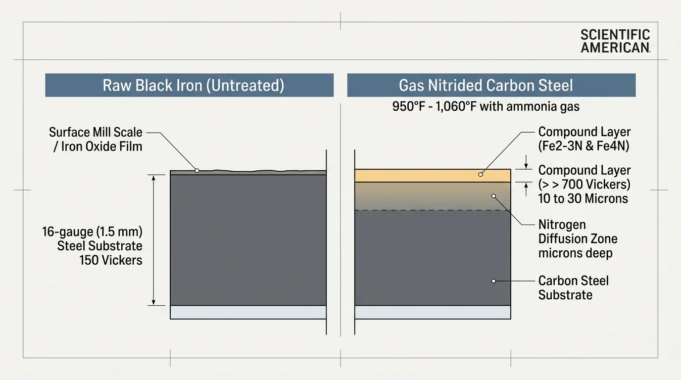 Diagram comparing cross sections of untreated raw black iron against gas nitrided carbon steel with a compound layer.