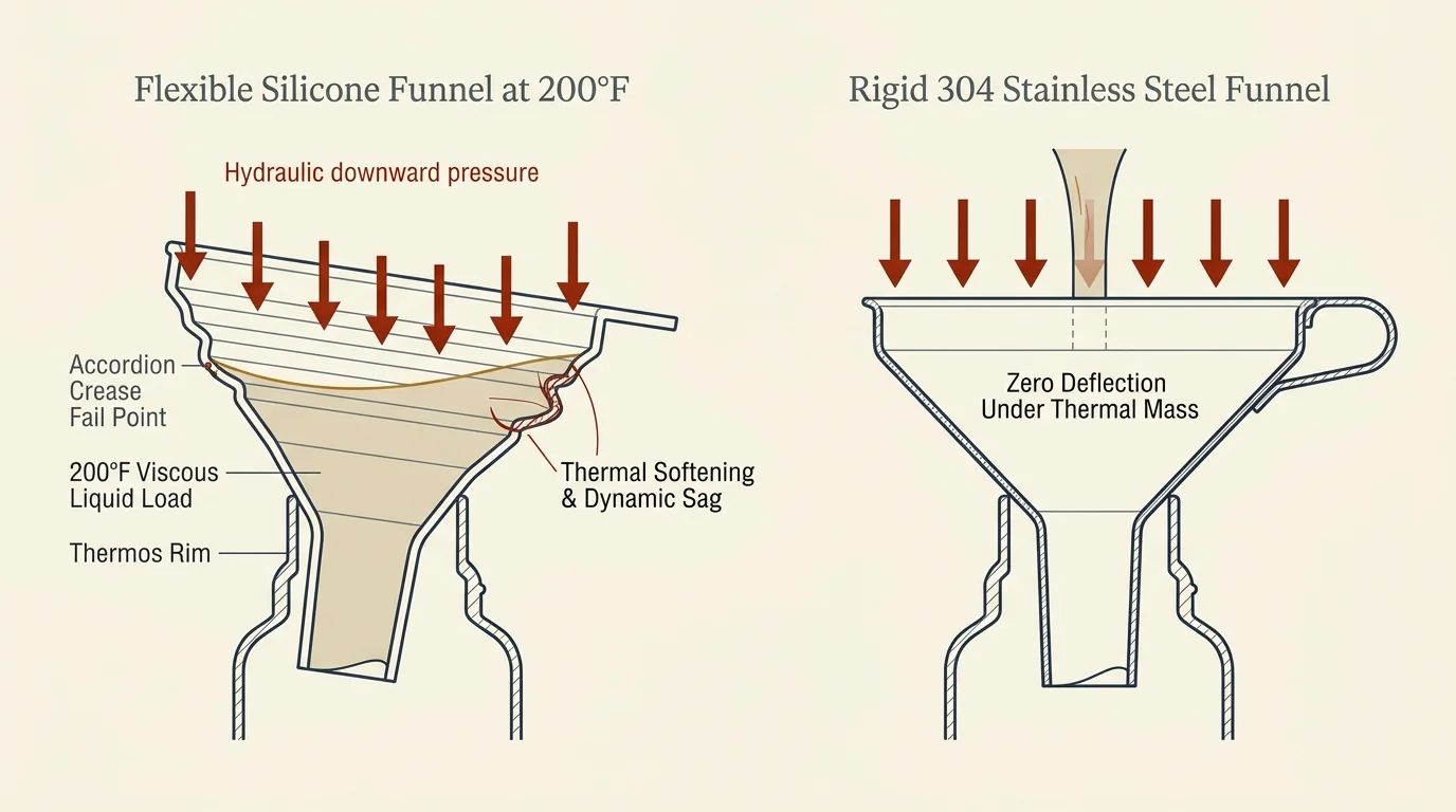 Diagram comparing a buckling flexible silicone funnel at 200°F to a rigid stainless steel funnel resting on a thermos rim.