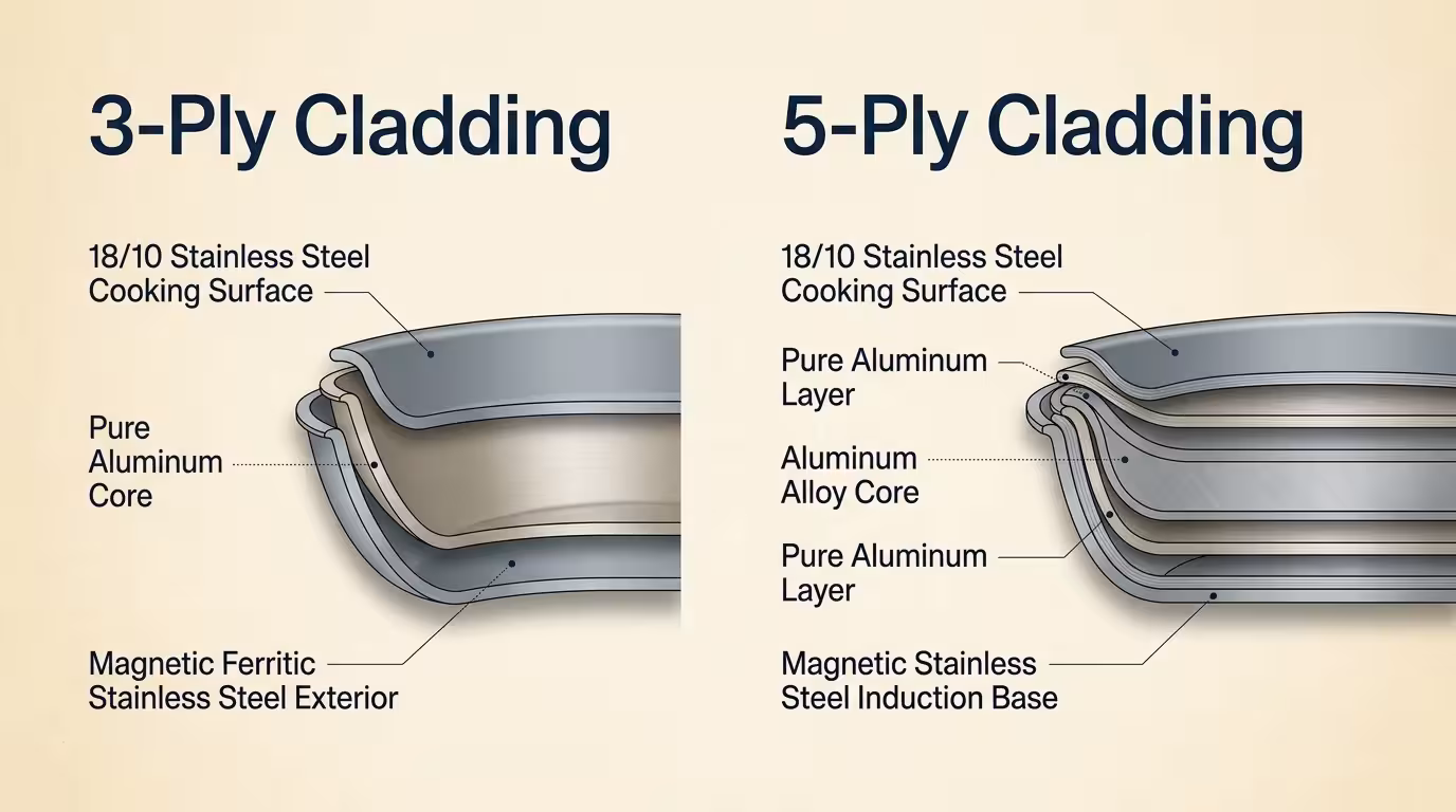 Diagram comparing 3-ply and 5-ply cladding layers, showing stainless steel cooking surfaces and aluminum cores.