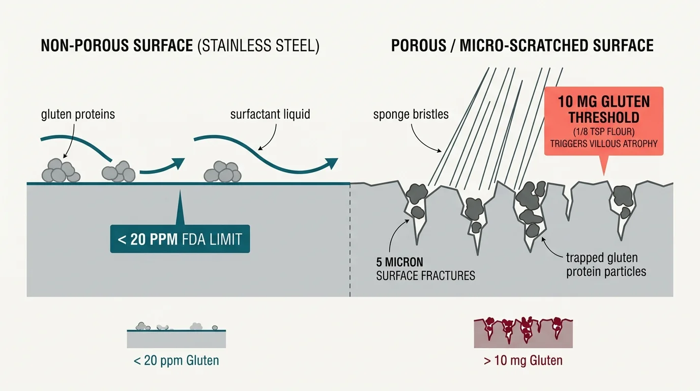 Diagram comparing gluten proteins washed from smooth stainless steel versus trapped in micro-scratched surface fractures.