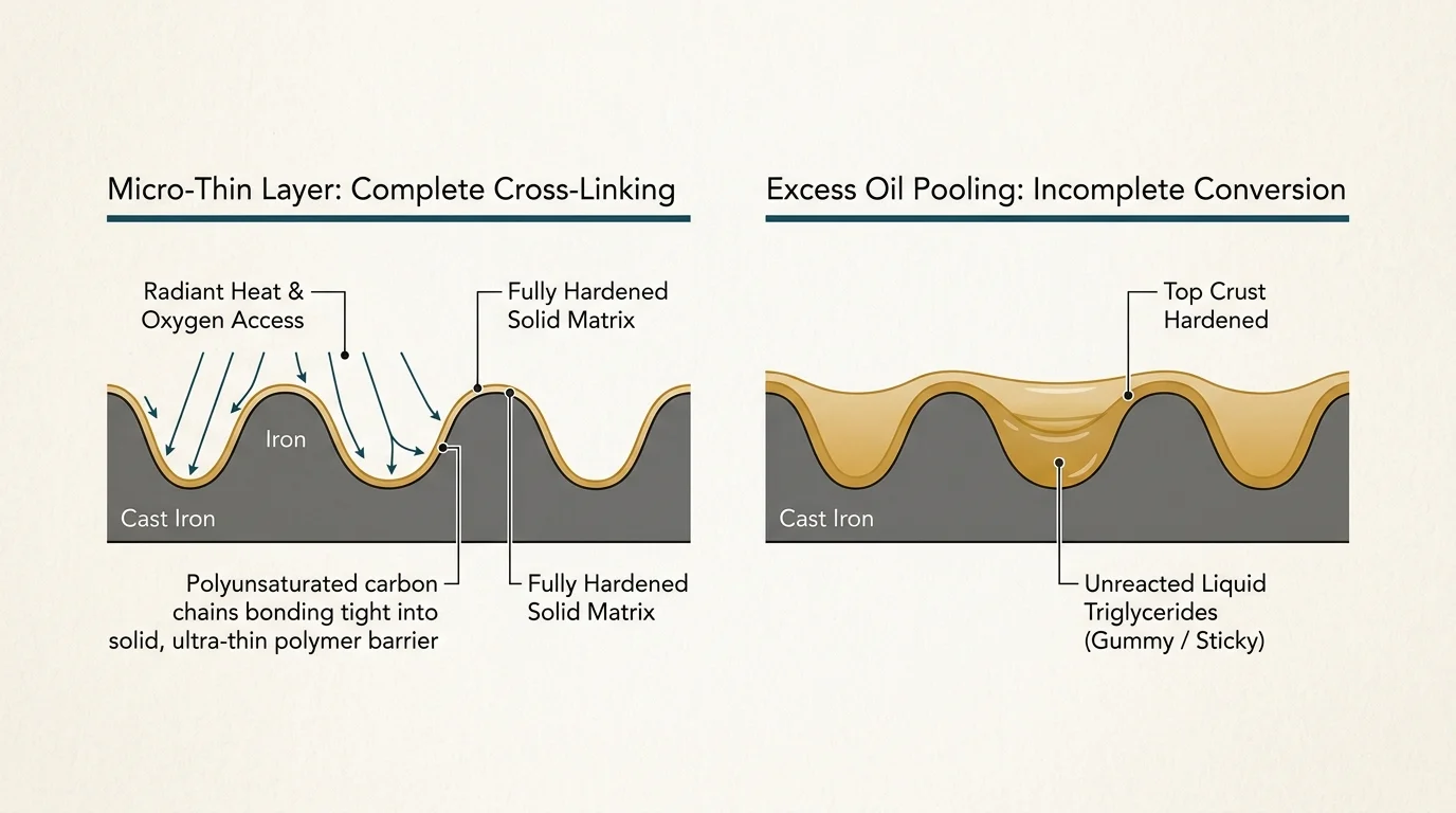 Diagram comparing a micro-thin seasoned layer with complete cross-linking against pooled excess oil with incomplete conversion.