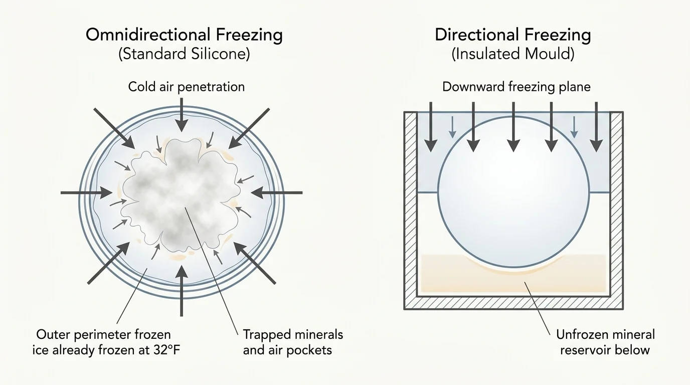 Diagram comparing omnidirectional freezing in standard silicone with directional downward freezing in an insulated mould.