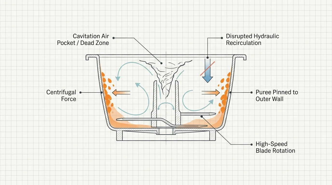 Diagram of a blender bowl cross-section showing cavitation air pocket, high-speed blade rotation, and puree pinned to outer walls.