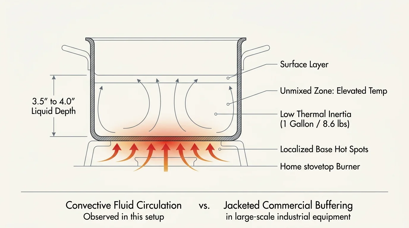 Cross-section diagram of a stockpot on a burner, showing convection arrows in liquid labeled 3.5 to 4 inch depth.