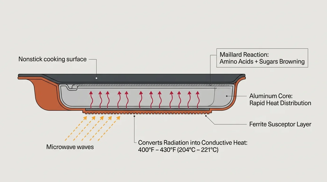 Cross-section diagram of a microwave crisper pan showing a ferrite susceptor layer absorbing waves to generate heat.
