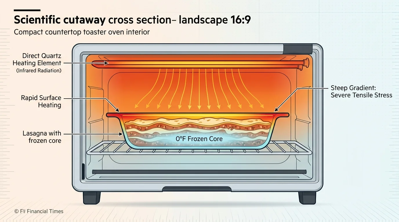 Cross-section diagram of a toaster oven showing a quartz heating element radiating heat onto a dish of frozen lasagna.