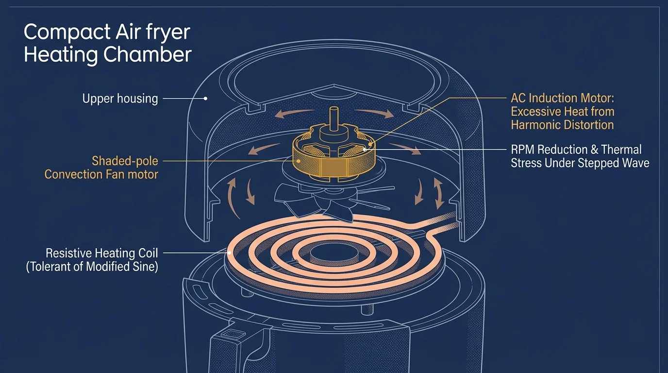 Cutaway illustration of an air fryer interior showing the convection fan motor, housing, and circular heating coil.