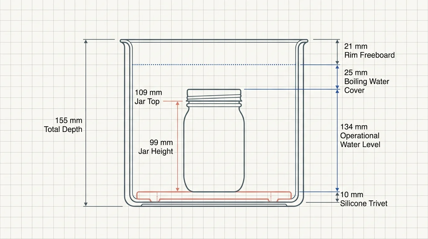 Cross-section diagram of a stockpot with a jar on a trivet showing vertical depth measurements on a grid background.