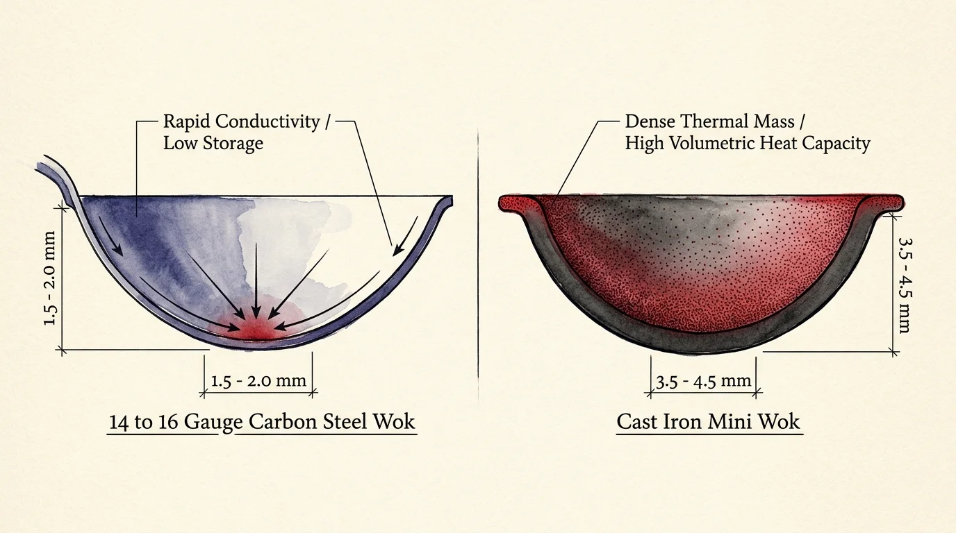 Diagram comparing cross-sections and thickness measurements of a carbon steel wok versus a thicker cast iron mini wok.