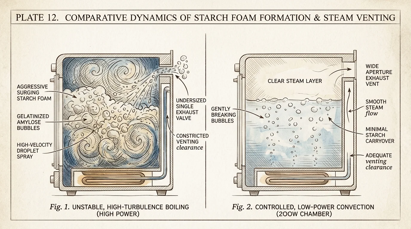 Technical diagram contrasting turbulent starch foam buildup in high-power boiling with controlled steam in a 200W chamber.