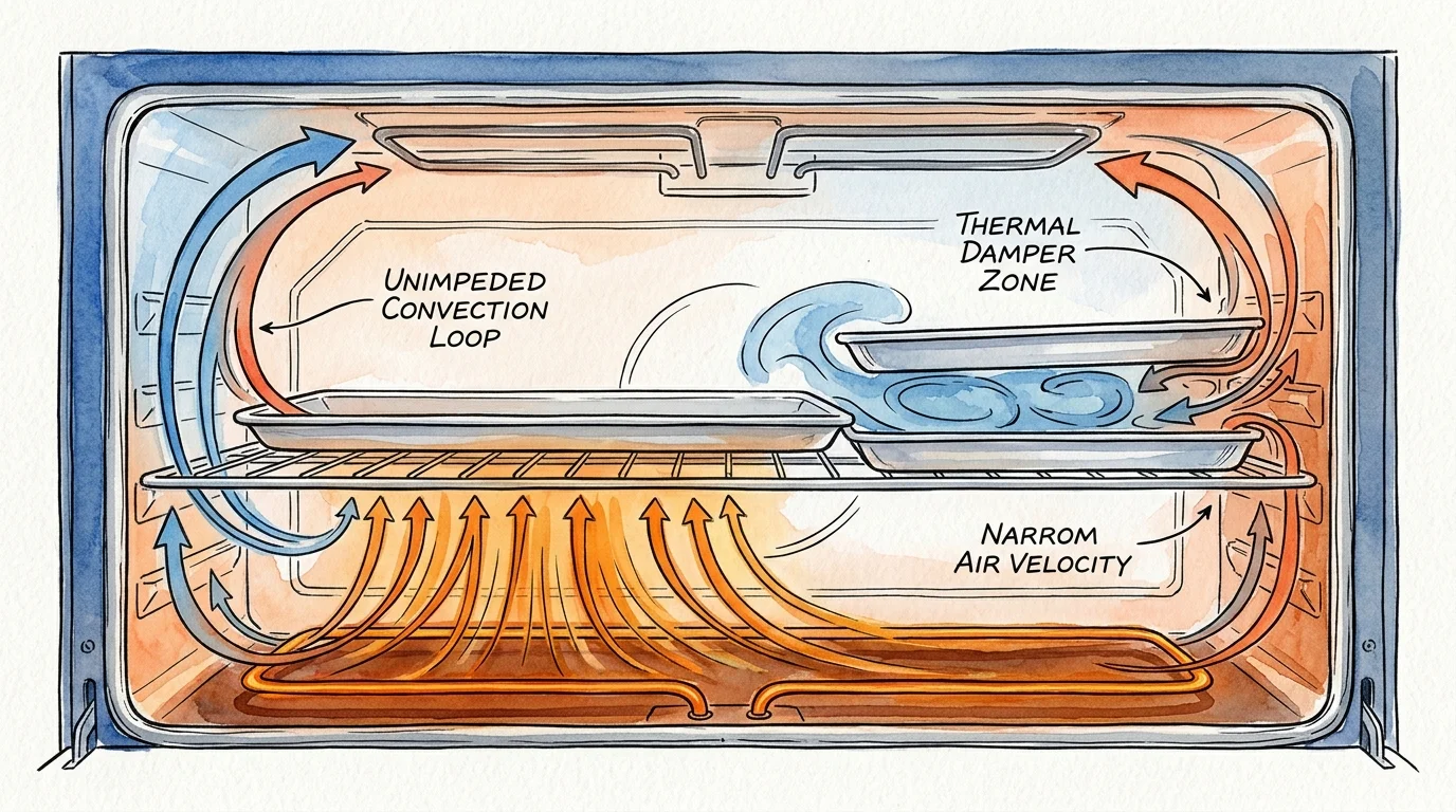 Cross-section diagram of an oven interior with colored arrows showing heat airflow patterns around baking pans.