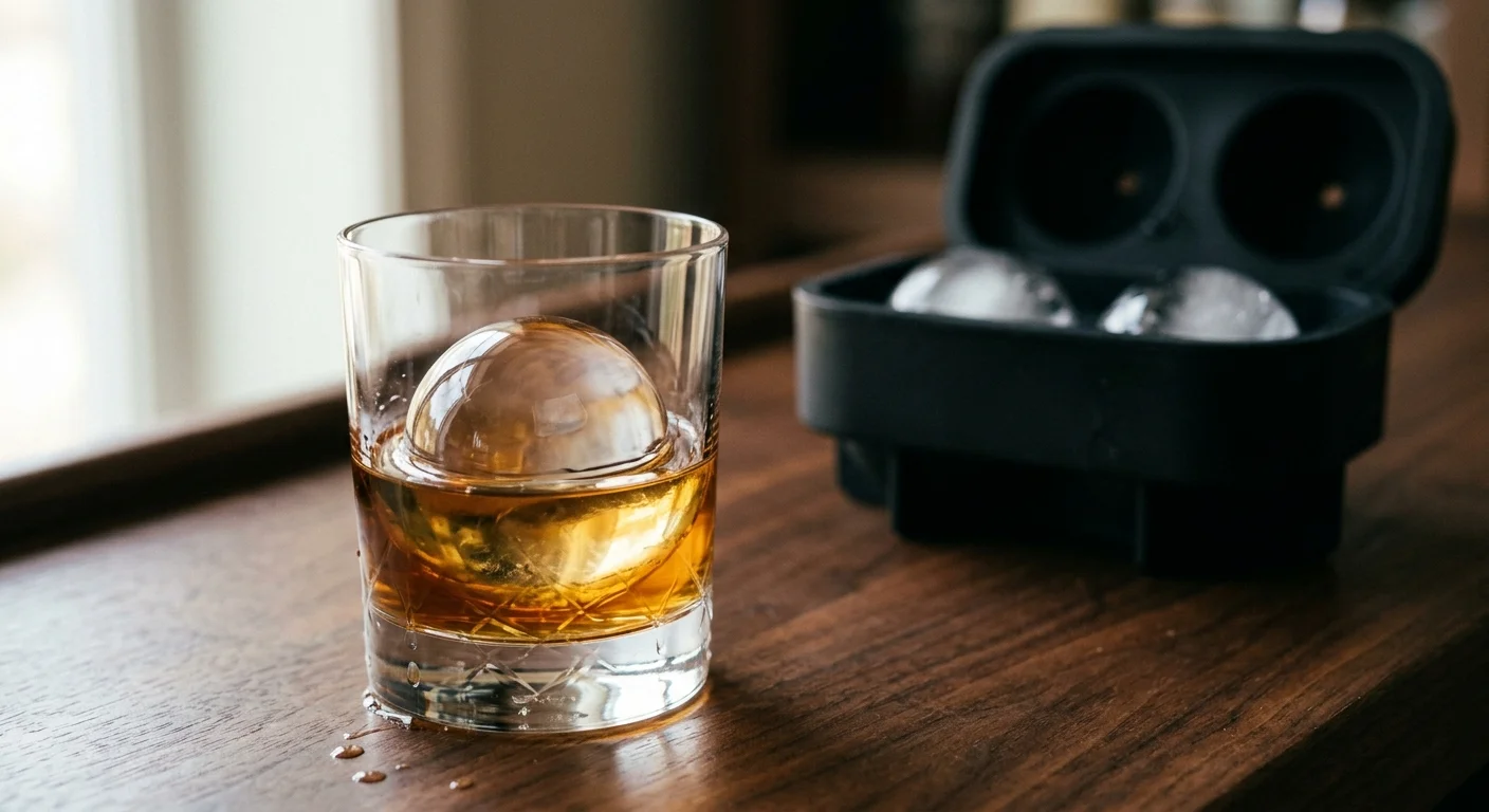 A crystal-clear ice sphere in a glass of amber liquor beside an open black silicone ice sphere mold on a wooden bar.