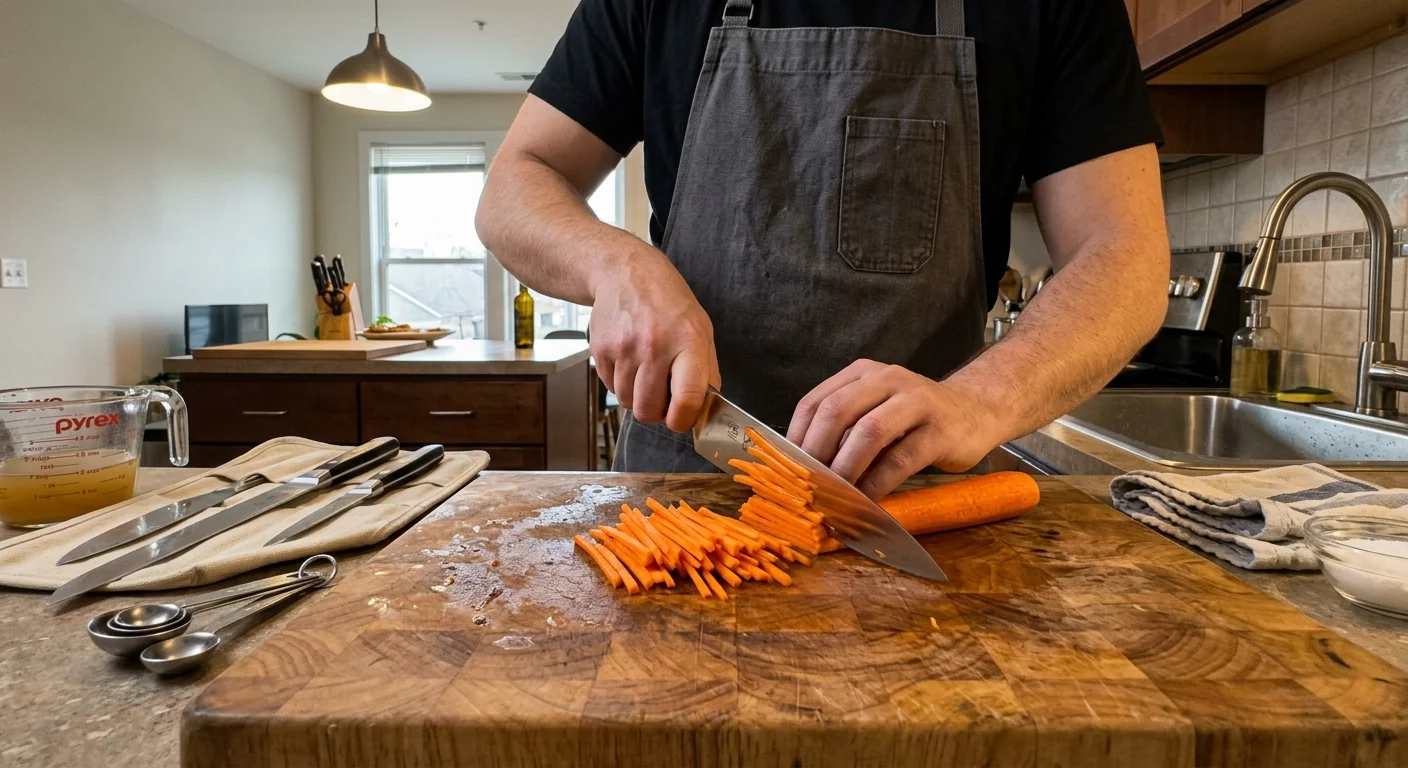 A person wearing an apron juliennes carrots on a wooden cutting board with kitchen knives and prep tools nearby.