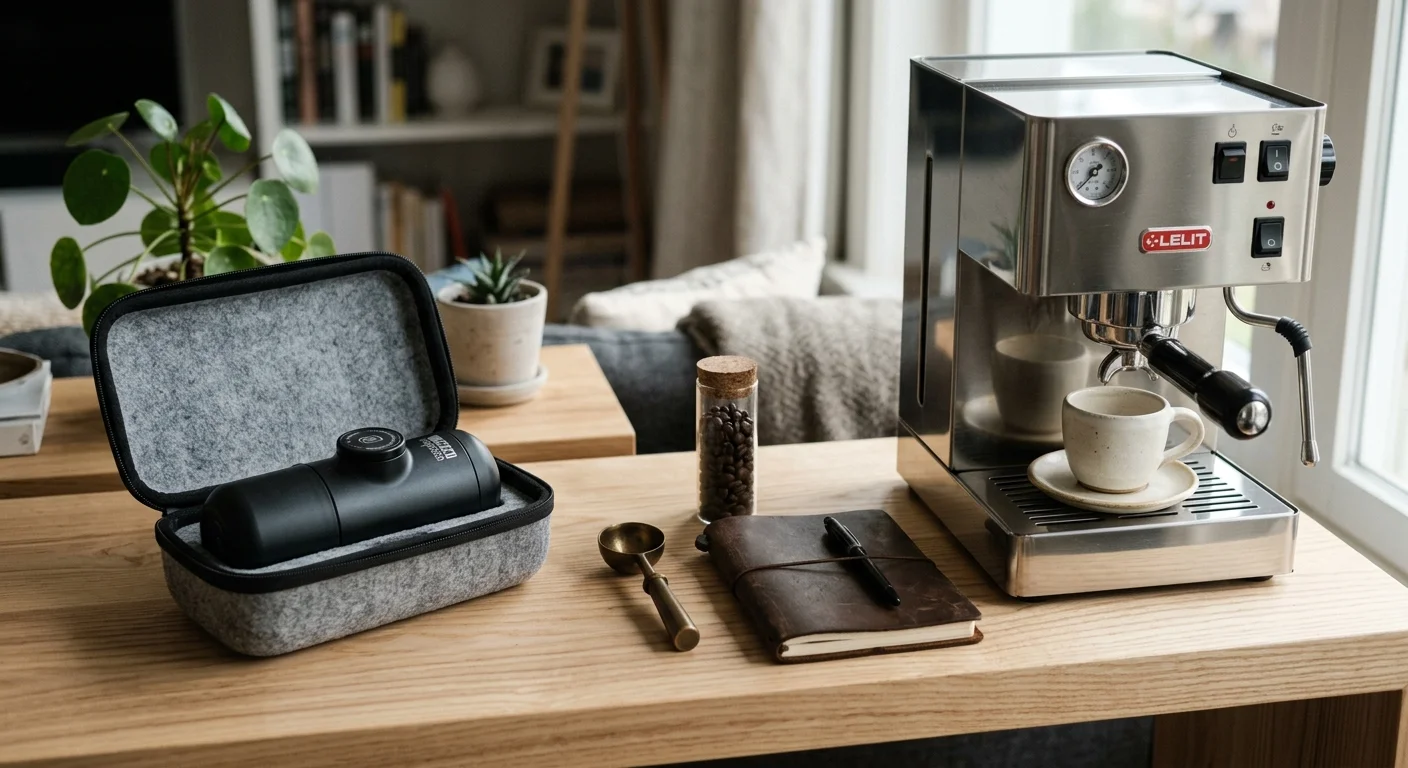 A manual espresso maker in a felt case sits next to a stainless steel Lelit espresso machine on a wooden desk.