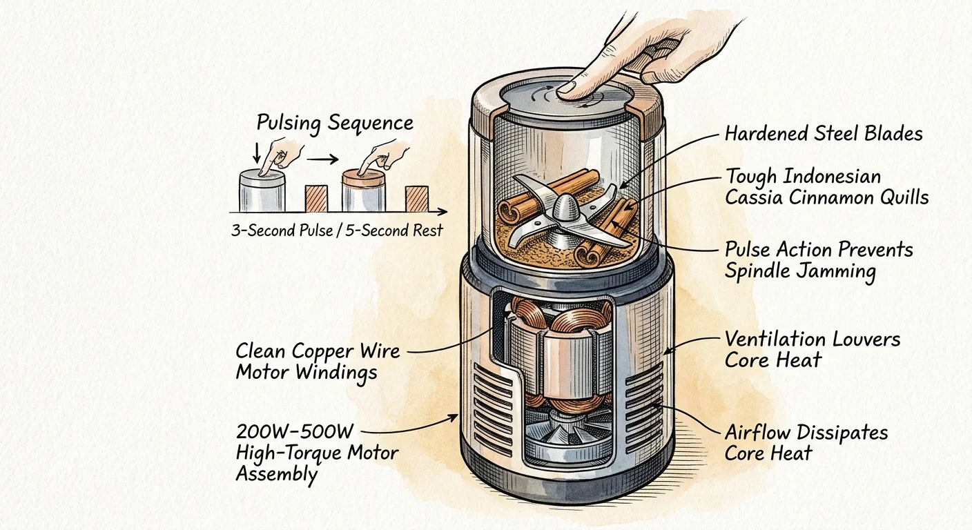 Cutaway illustration of an electric spice mill grinding cinnamon quills, detailing the inner motor and pulsing sequence.