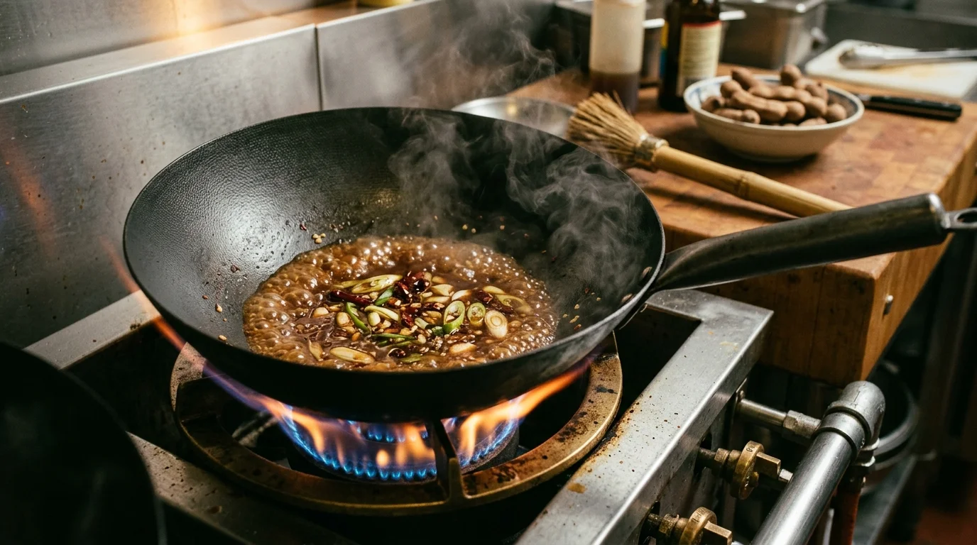 A black wok simmering bubbling sauce with chilies and scallions over a gas burner flame in a restaurant kitchen.