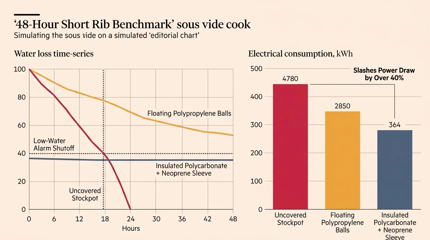 Line graph of water loss over 48 hours and bar chart comparing electrical consumption across three sous-vide configurations.
