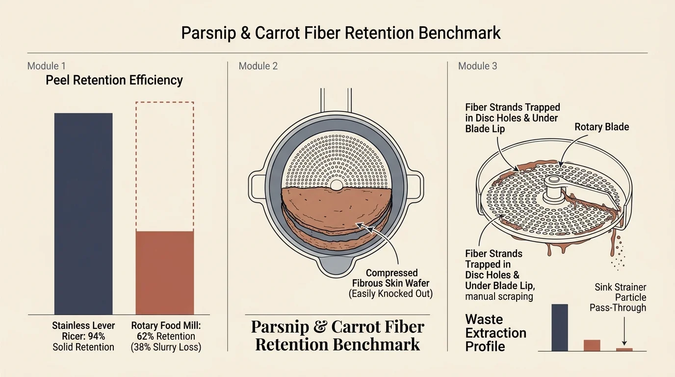 Diagram with a bar chart, potato ricer base showing a skin wafer, and food mill with trapped fiber strands.