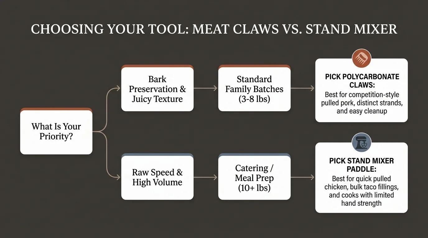 Decision flowchart guiding cooks whether to choose polycarbonate meat claws or a stand mixer paddle based on batch size and texture.