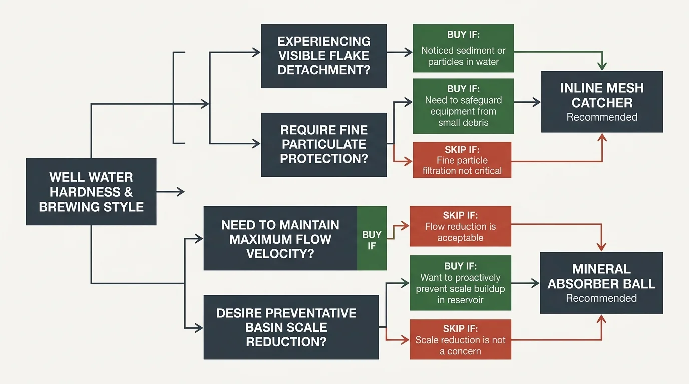 Decision flowchart comparing inline mesh catchers and mineral absorber balls based on flow velocity, debris, and scale.
