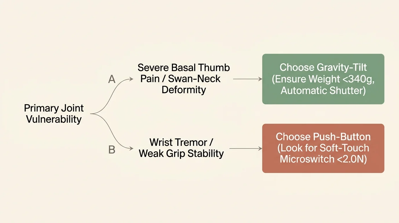 Decision flowchart branching from primary joint vulnerability into gravity-tilt and push-button grinder recommendations.