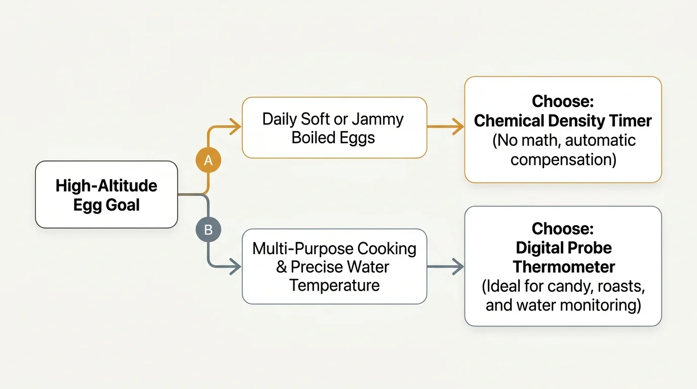 Decision flowchart splitting high-altitude egg goals into chemical density timers or digital probe thermometers.