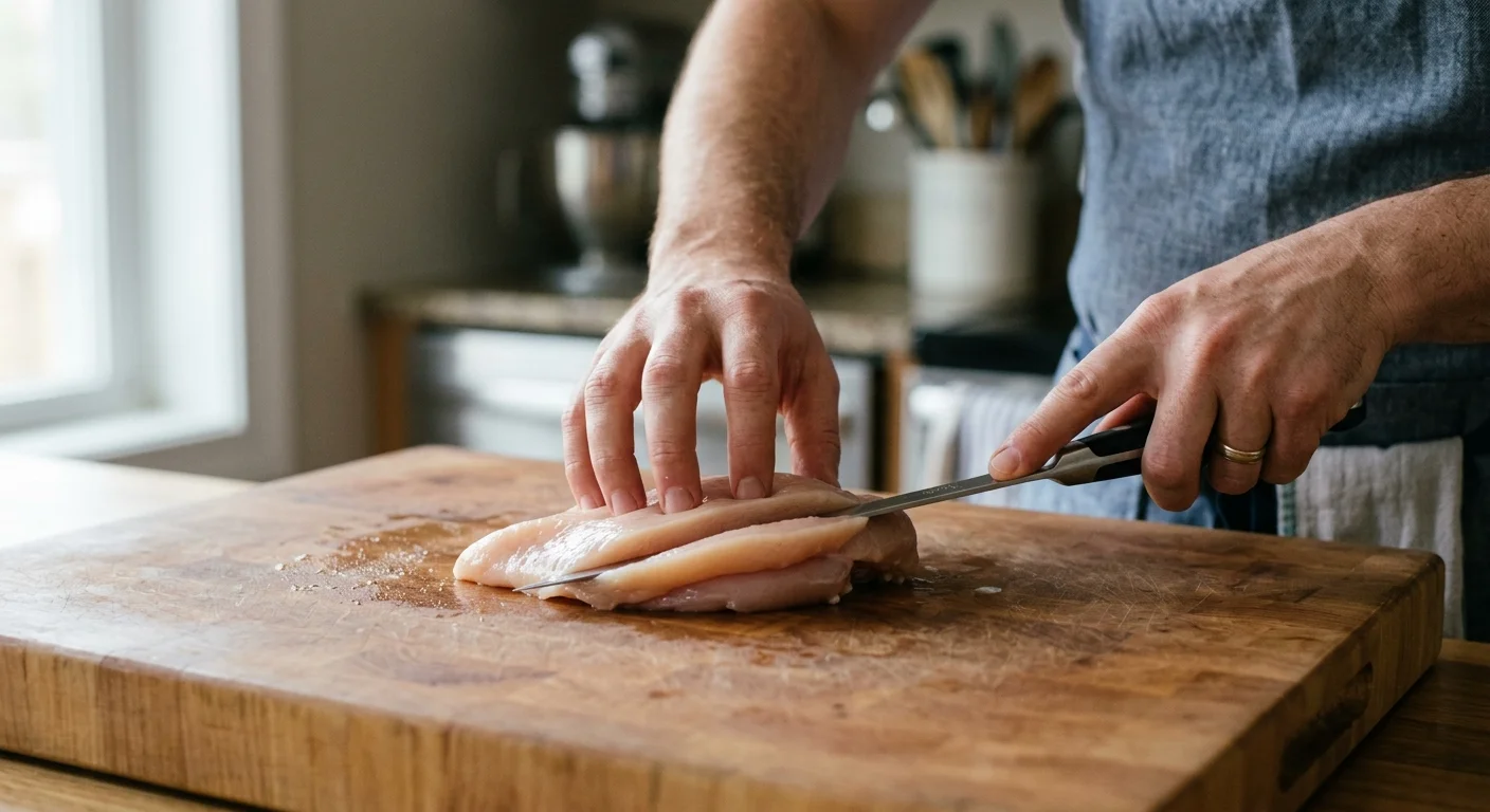 A person slicing a raw chicken breast horizontally with a thin knife on a wooden cutting board.
