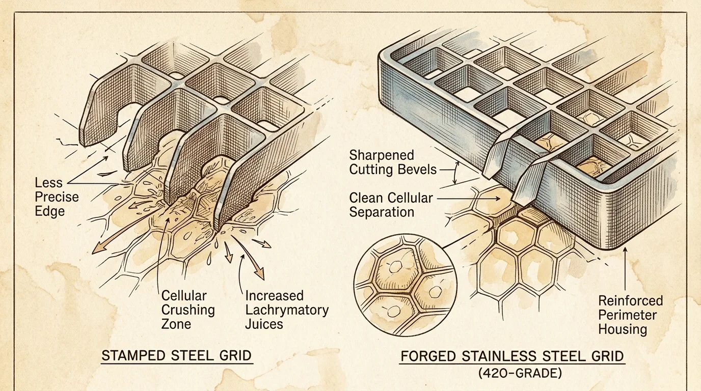 Detailed pen-and-ink technical illustration showing sharp stainless steel grid blades cleanly cutting through onion cells.